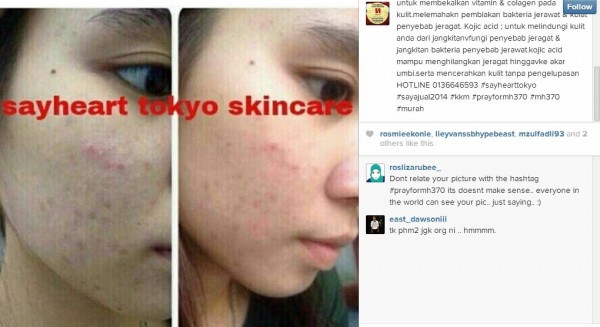 An instagrammer peddling skincare with #MH370 hashtag.